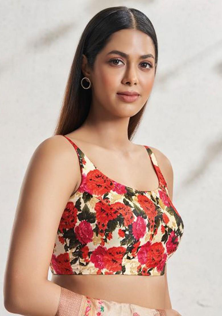 Floral Print Sleeveless Silk Readymade Saree Blouse