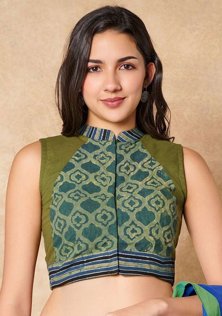 Printed Pure Cotton Mandarin Collar Sleeveless Saree Blouse - Indya