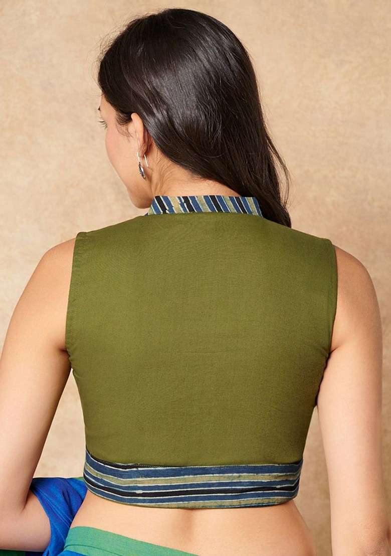 Printed Pure Cotton Mandarin Collar Sleeveless Saree Blouse - Indya