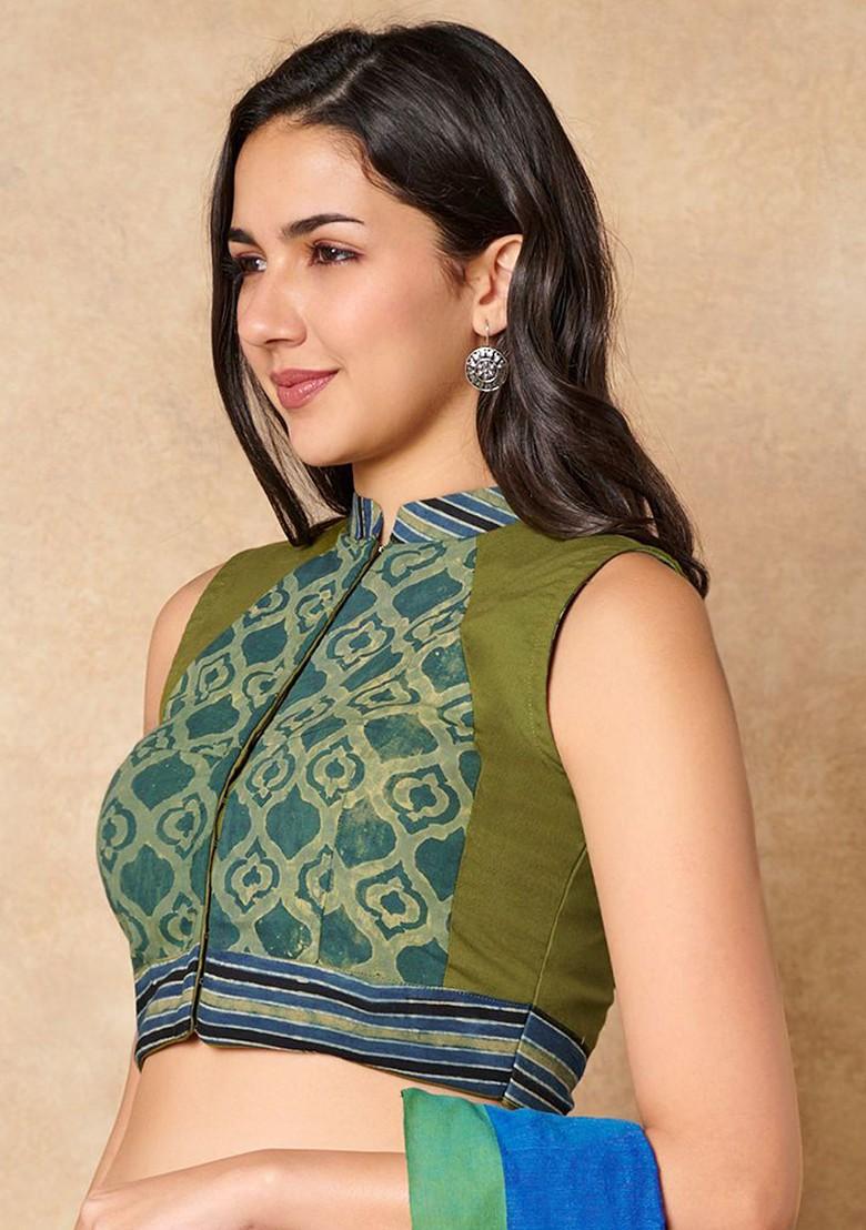 Printed Pure Cotton Mandarin Collar Sleeveless Saree Blouse