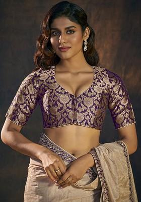 Woven V Neck Banarasi Brocade Padded Saree Blouse