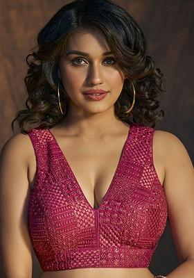 Women Embroidered V Neck Padded Saree Blouse