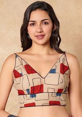 Beige Ajrakh Hand Block Printed Pure Cotton Sleeveless Readymade Blouse