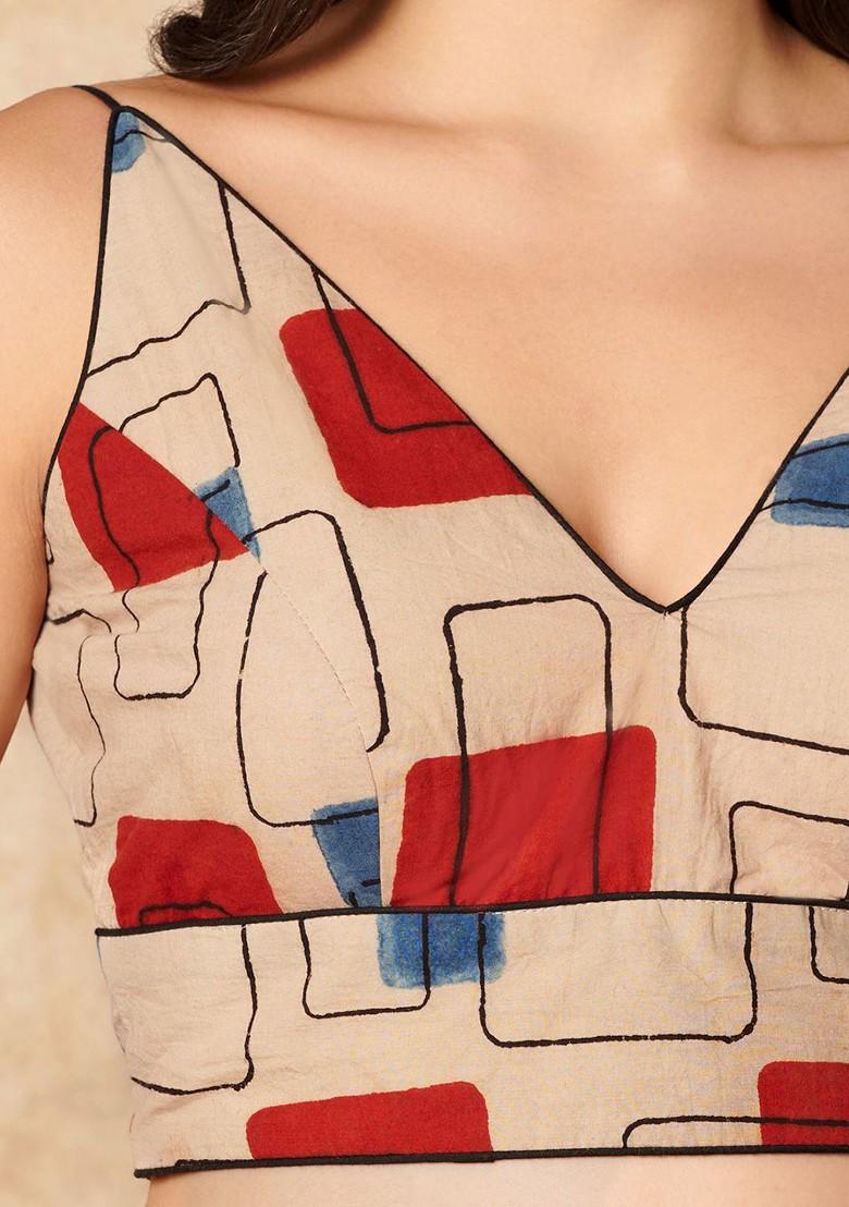Beige Ajrakh Hand Block Printed Pure Cotton Sleeveless Readymade Blouse