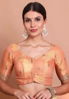 Women Embroidered Round Neck Short Sleeves Saree Blouse