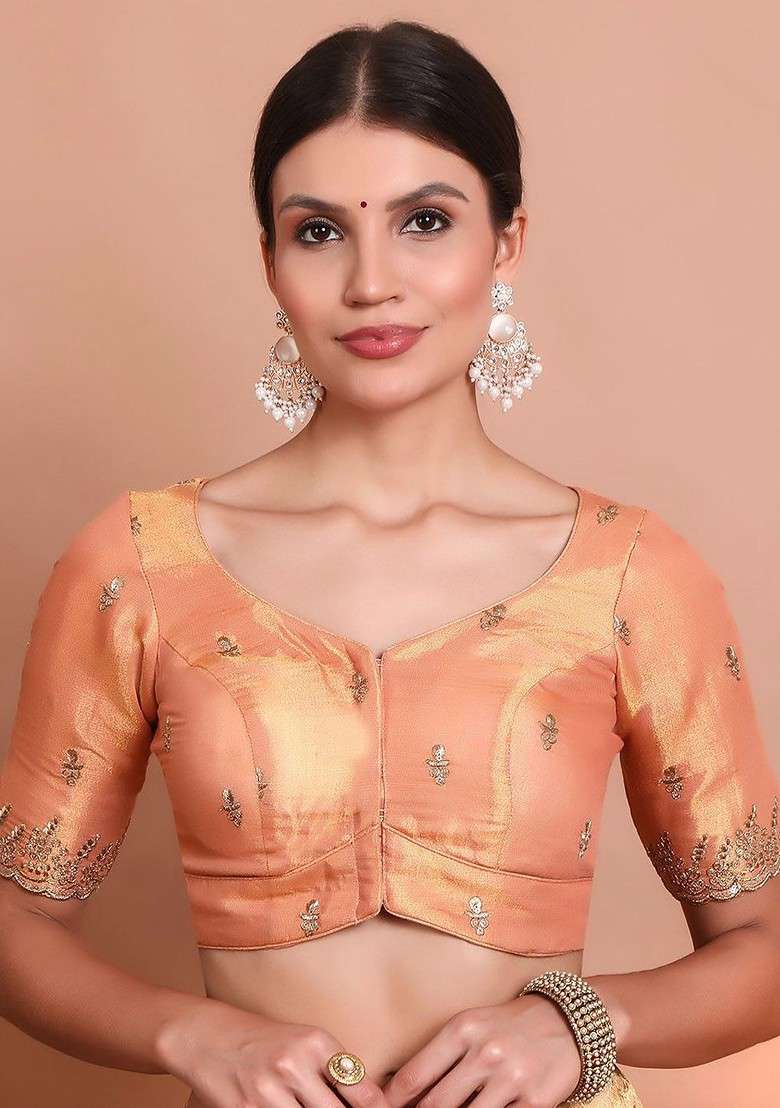 Women Embroidered Round Neck Short Sleeves Saree Blouse - Indya