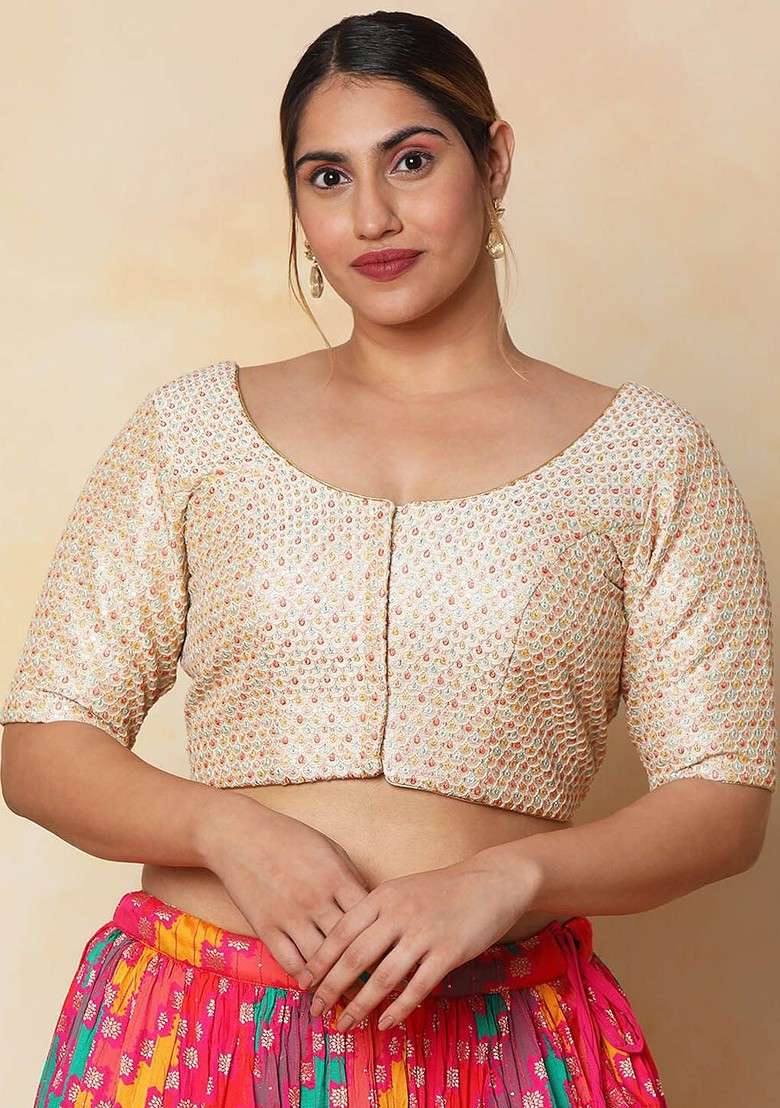 Woven Design Silk Readymade Saree Blouse With Tie Ups - Indya