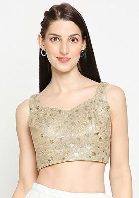 Gold Coloured Sequins Embroidered Net Readymade Saree Blouse