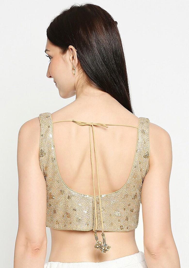 Gold Coloured Sequins Embroidered Net Readymade Saree Blouse