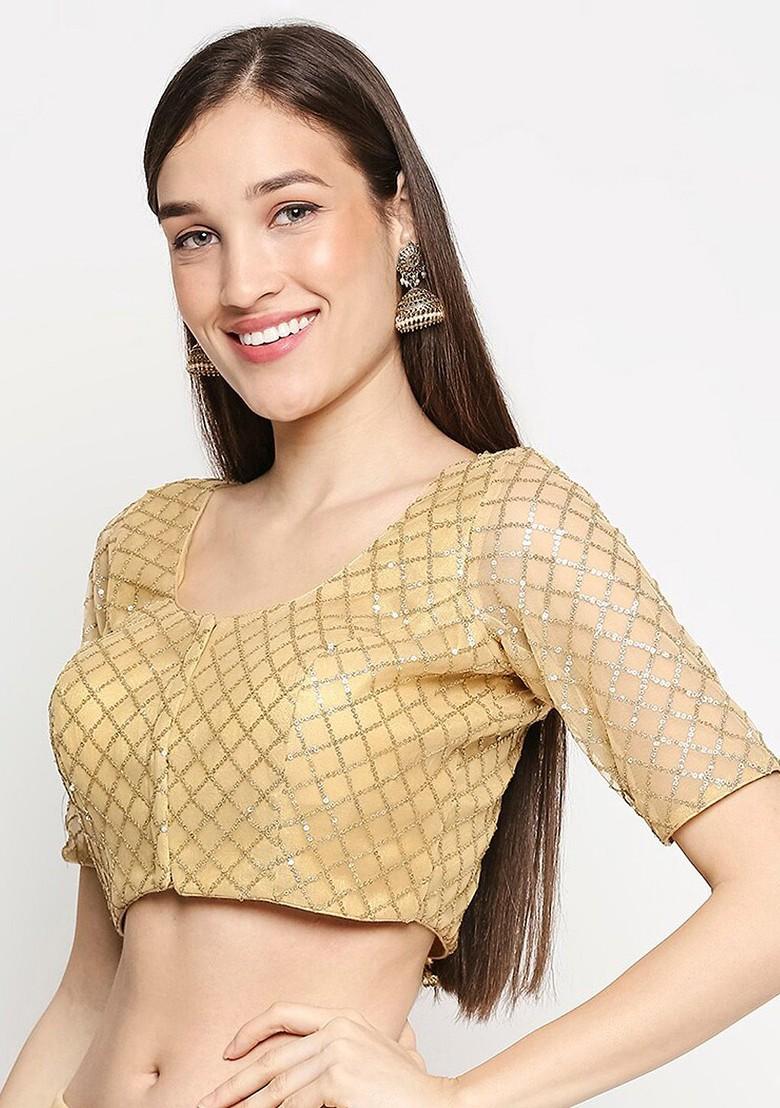 Gold Toned Net Embroidered Readymade Saree Blouse