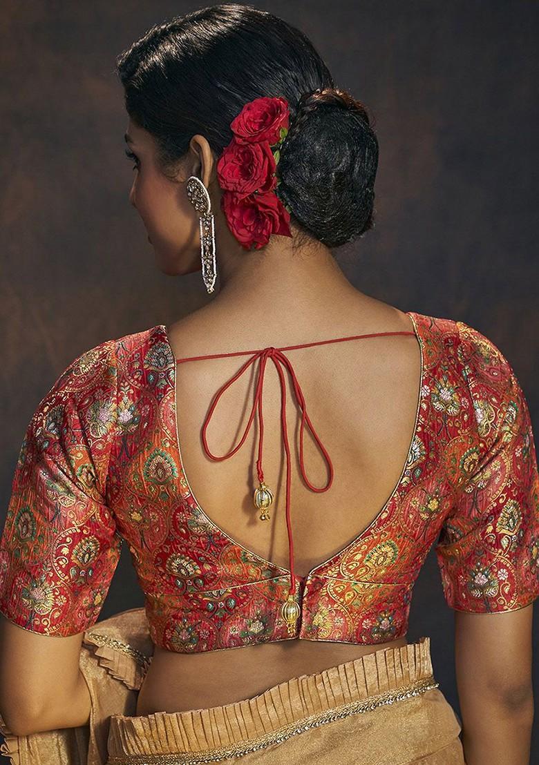 Woven Design V Neck Brocade Saree Blouse
