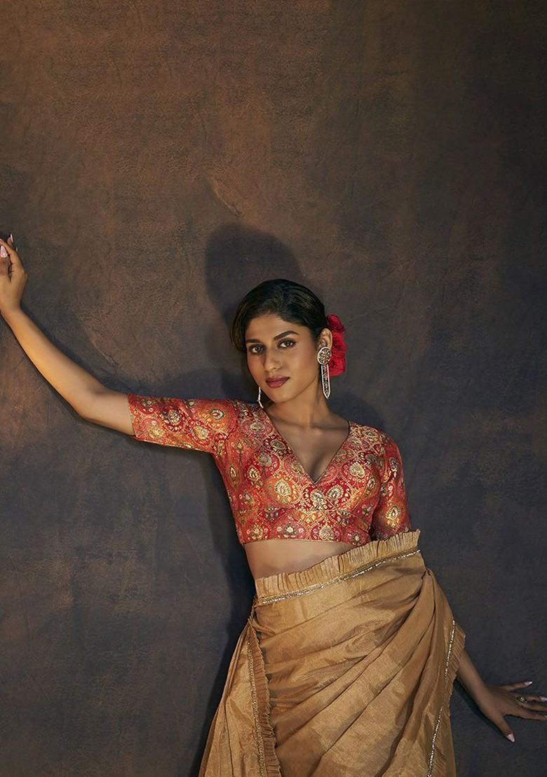 Woven Design V Neck Brocade Saree Blouse