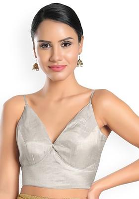 Women Silver Woven Design Readymade Saree Blouse