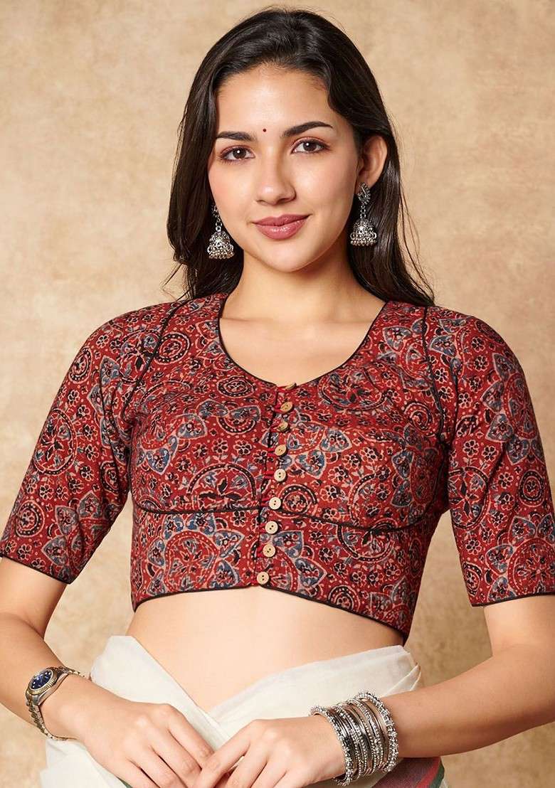 Ajrakh Hand Block Printed Round Neck Pure Cotton Readymade Blouse - Indya