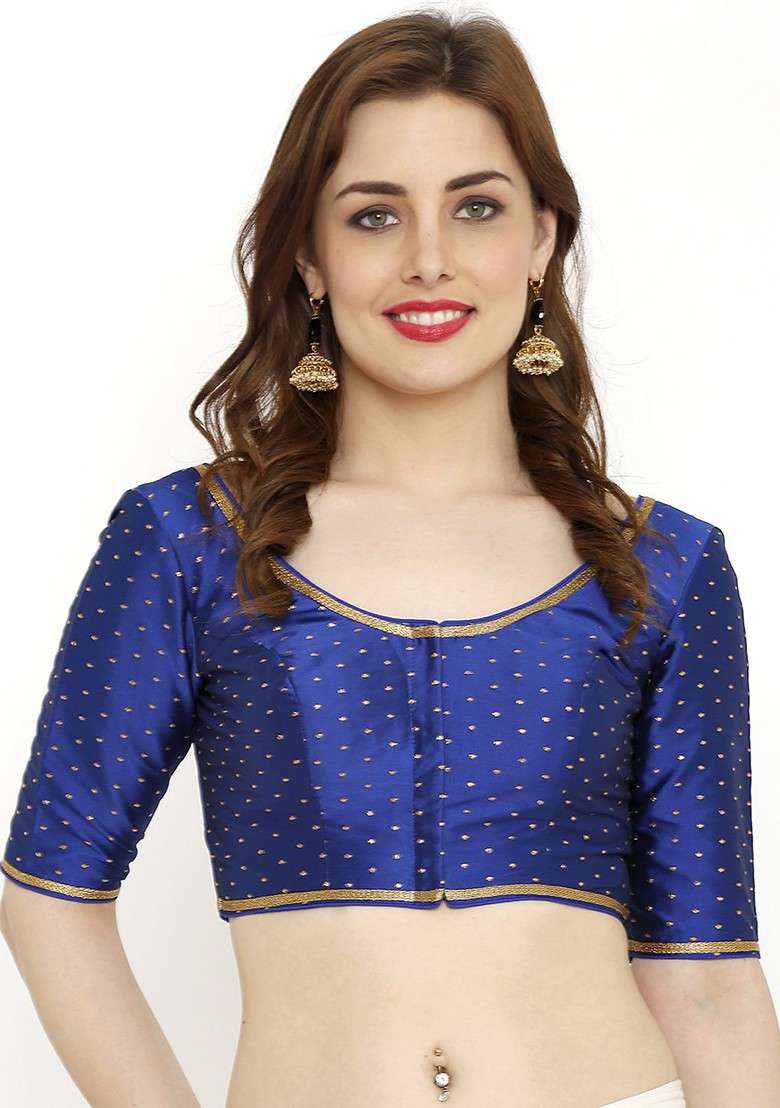 Women Blue Printed Readymade Padded Saree Blouse - Indya