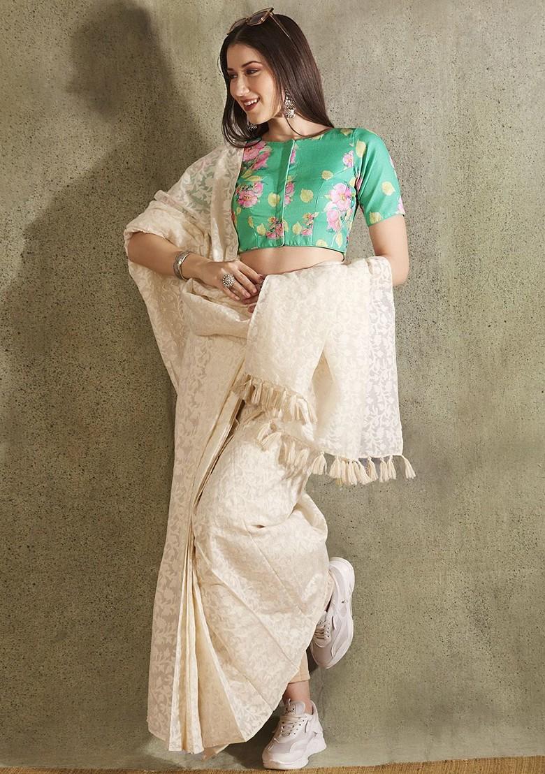 Boat Neck Floral Printed Readymade Saree Blouse