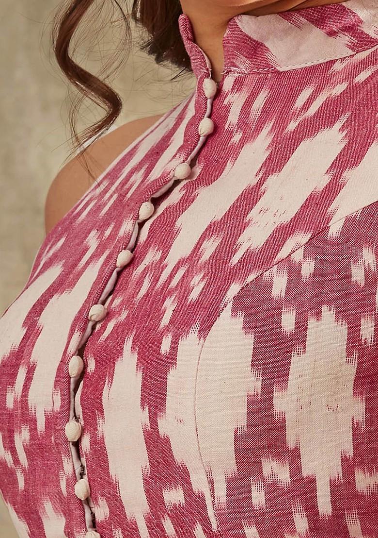 Ikat Printed Band Collar Cotton Saree Blouse