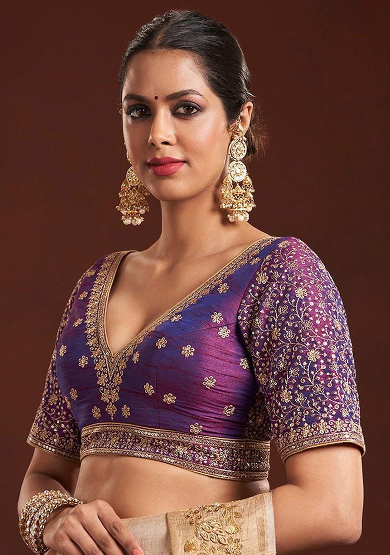 Embroidered Raw Silk Readymade Saree Blouse