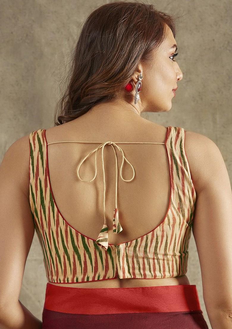 Ikat Print V Neck Sleeveless Readymade Saree Blouse