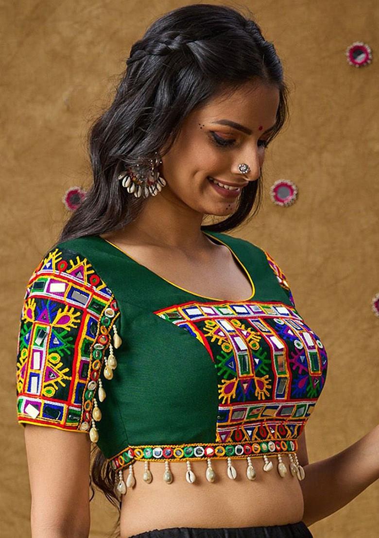 Green Cotton Garba Patch Work With Mirror Padded Blouse