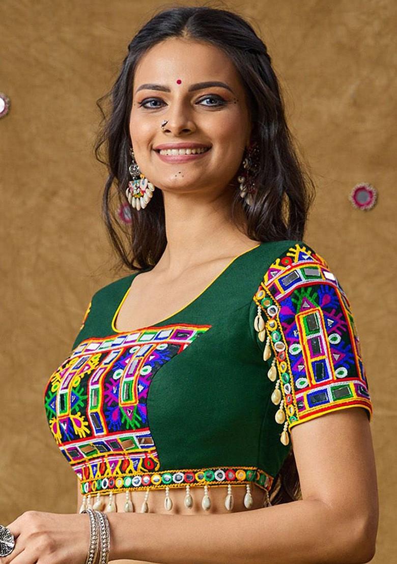 Green Cotton Garba Patch Work With Mirror Padded Blouse