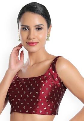 Women Maroon Woven Design Square Neck Silk Saree Blouse