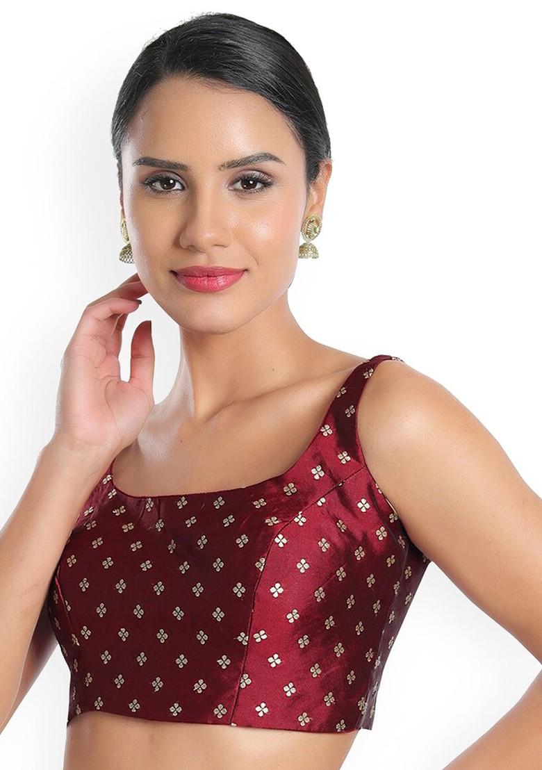Women Maroon Woven Design Square Neck Silk Saree Blouse