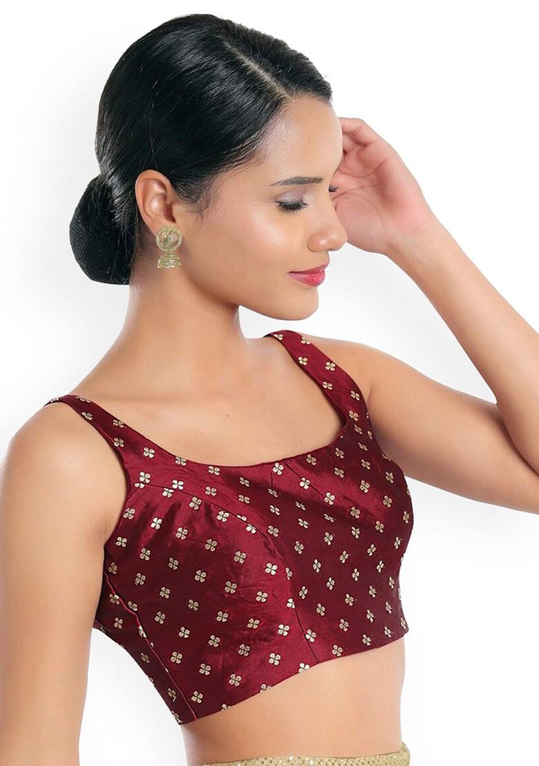 Women Maroon Woven Design Square Neck Silk Saree Blouse