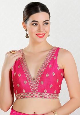 Embroidered V Neck Thread Work Detailed Silk Saree Blouse