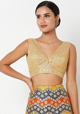 Golden V Neck Embellished Sleeveless Readymade Saree Blouse