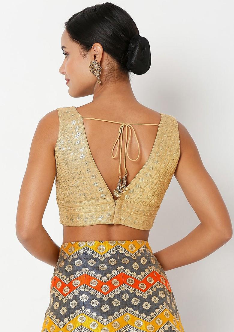 Golden V Neck Embellished Sleeveless Readymade Saree Blouse