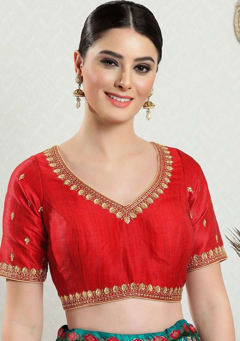 Embroidered Thread Work Silk Saree Blouse - Indya