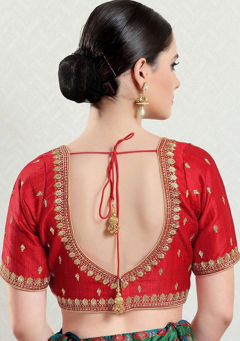 Embroidered Thread Work Silk Saree Blouse - Indya