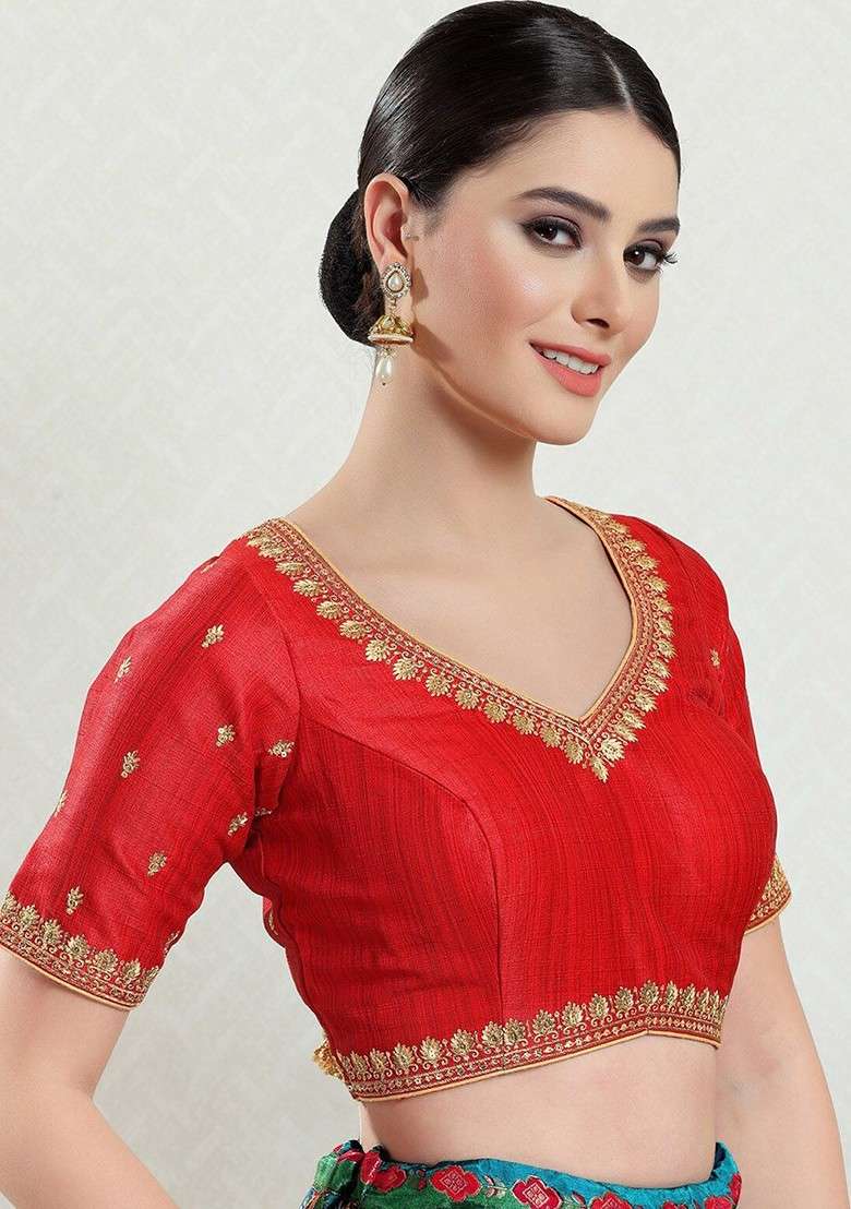 Embroidered Thread Work Silk Saree Blouse - Indya