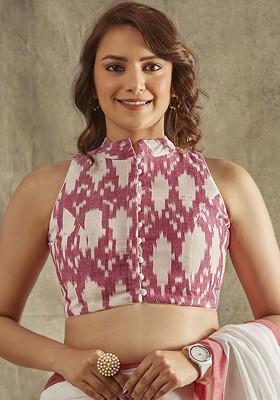 Ikat Print Halter Neck Sleeveless Readymade Saree Blouse