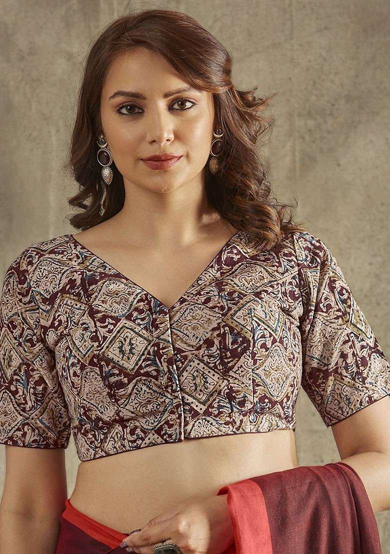 Pure Cotton Kalamkari Block Printed Readymade Saree Blouse - Indya