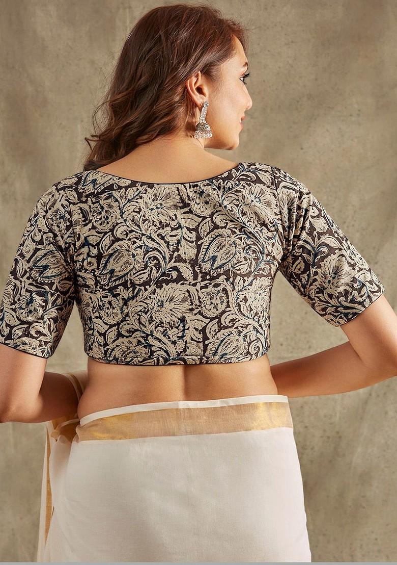 Kalamkari Printed Cotton V Neck Saree Blouse