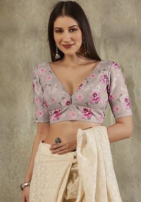 Floral Printed Cotton V Neck Saree Blouse