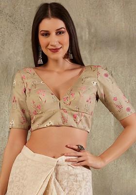 V Neck Floral Printed Cotton Saree Blouse