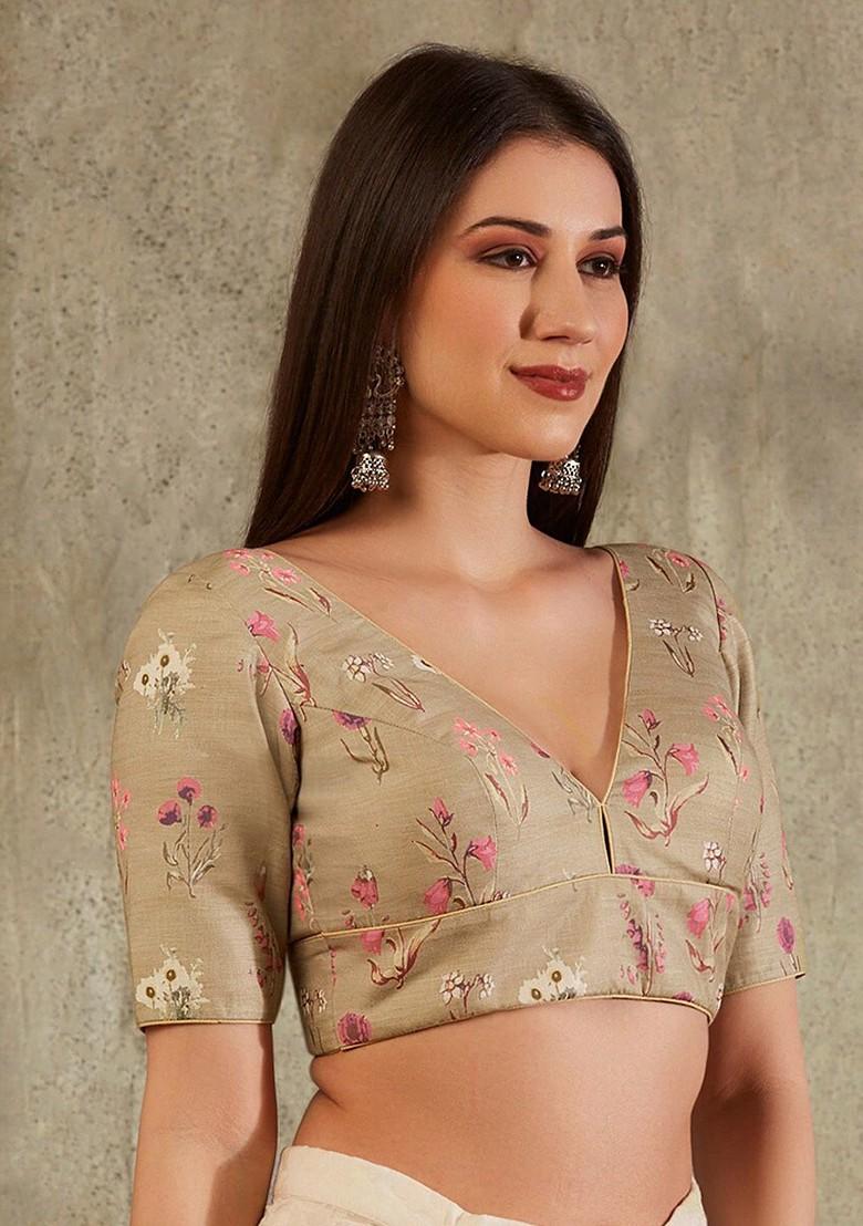 V Neck Floral Printed Cotton Saree Blouse