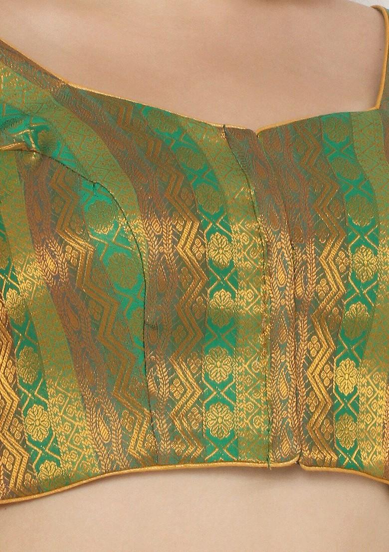 Women Green And Gold Coloured Woven Design Padded Readymade Saree Blouse