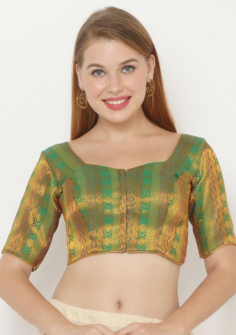 Women Green And Gold Coloured Woven Design Padded Readymade Saree Blouse