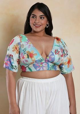 Floral Printed V Neck Brocade Readymade Saree Blouse