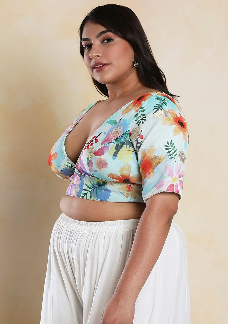 Floral Printed V Neck Brocade Readymade Saree Blouse