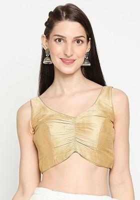 Women Gold Coloured Solid Mulbury Silk Readymade Saree Blouse