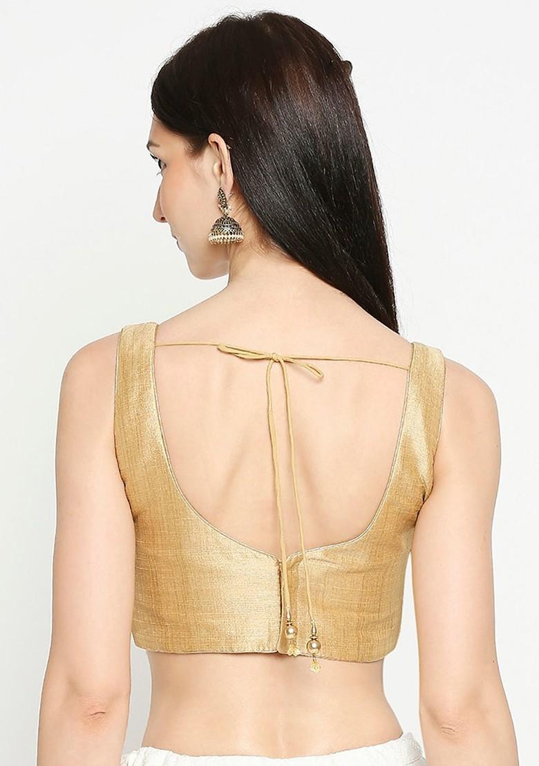 Women Gold Coloured Solid Mulbury Silk Readymade Saree Blouse