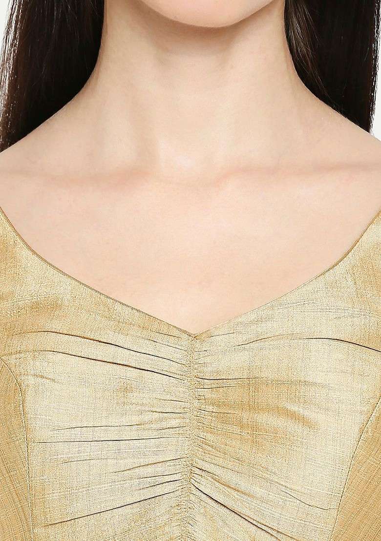 Women Gold Coloured Solid Mulbury Silk Readymade Saree Blouse - Indya