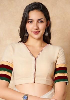 Embroidered Pure Cotton V Neck Readymade Saree Blouse