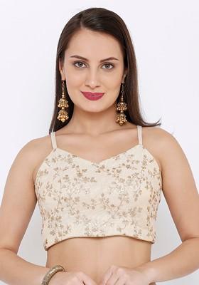 Women Gold Toned Embroidered Tissue Readymade Saree Blouse