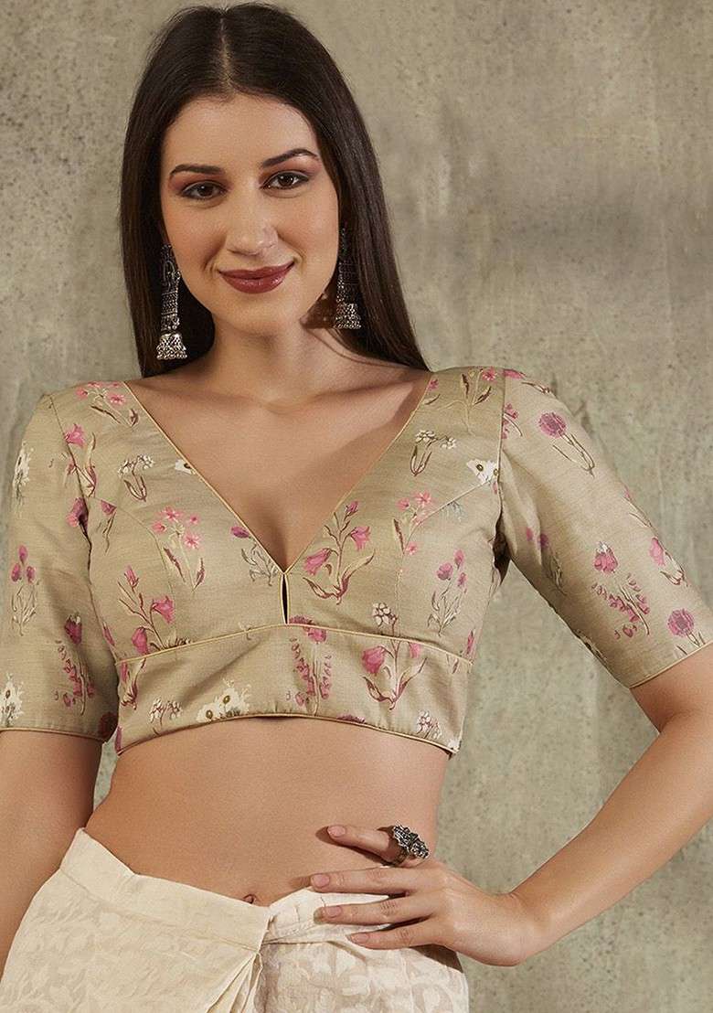 V Neck Floral Printed Readymade Saree Blouse - Indya